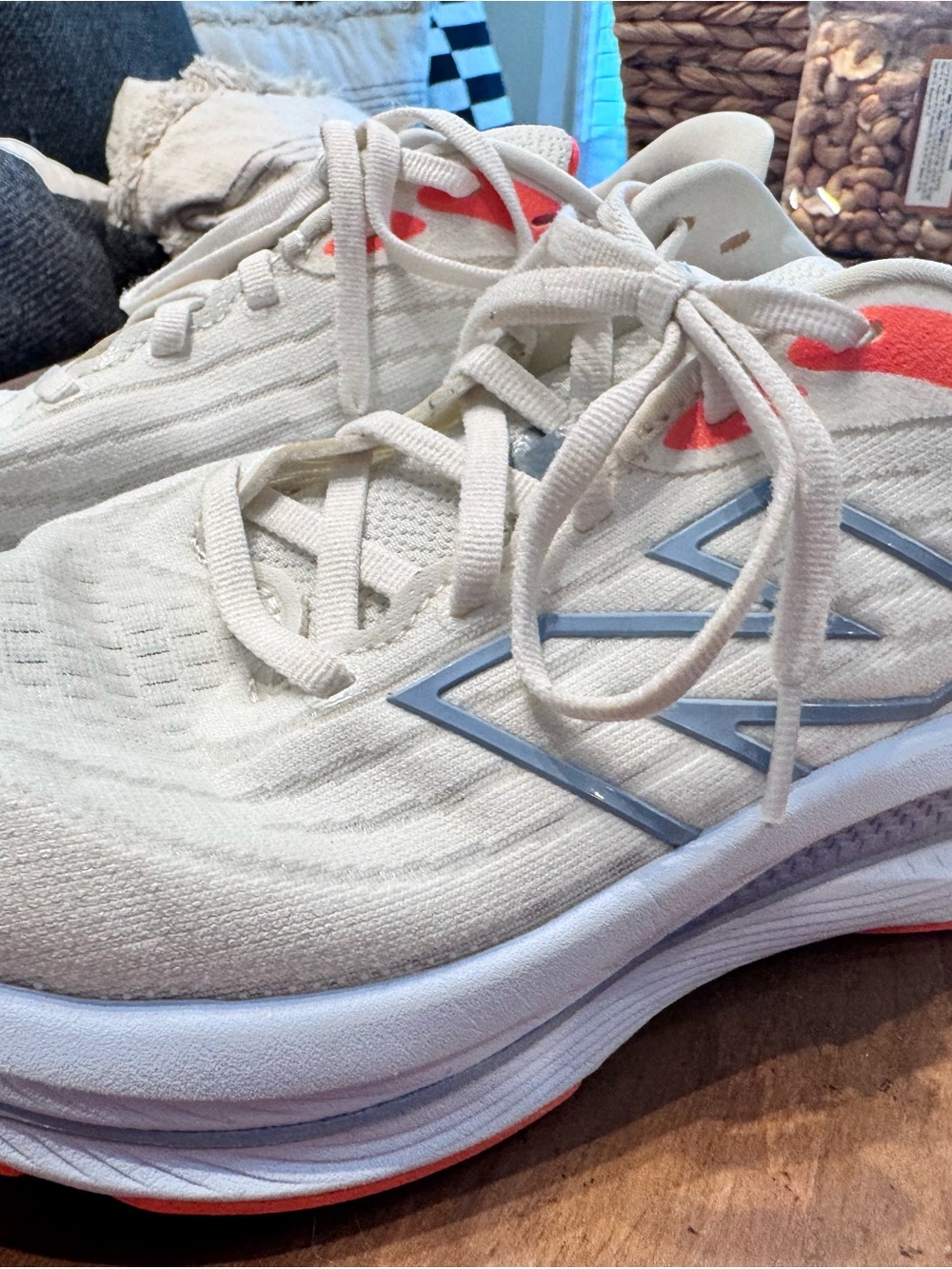 New Balance Light Cream Running Sneakers with Coral Accents